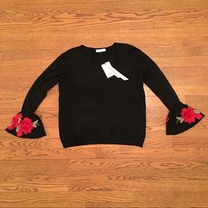 NWT:  French Sweater Unique 3D Floral Sleeve Black